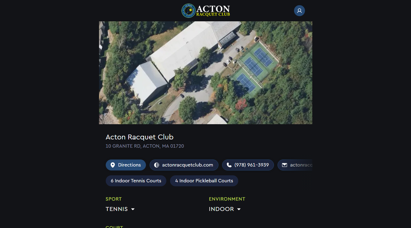 Website screenshot for Acton Racquet Club