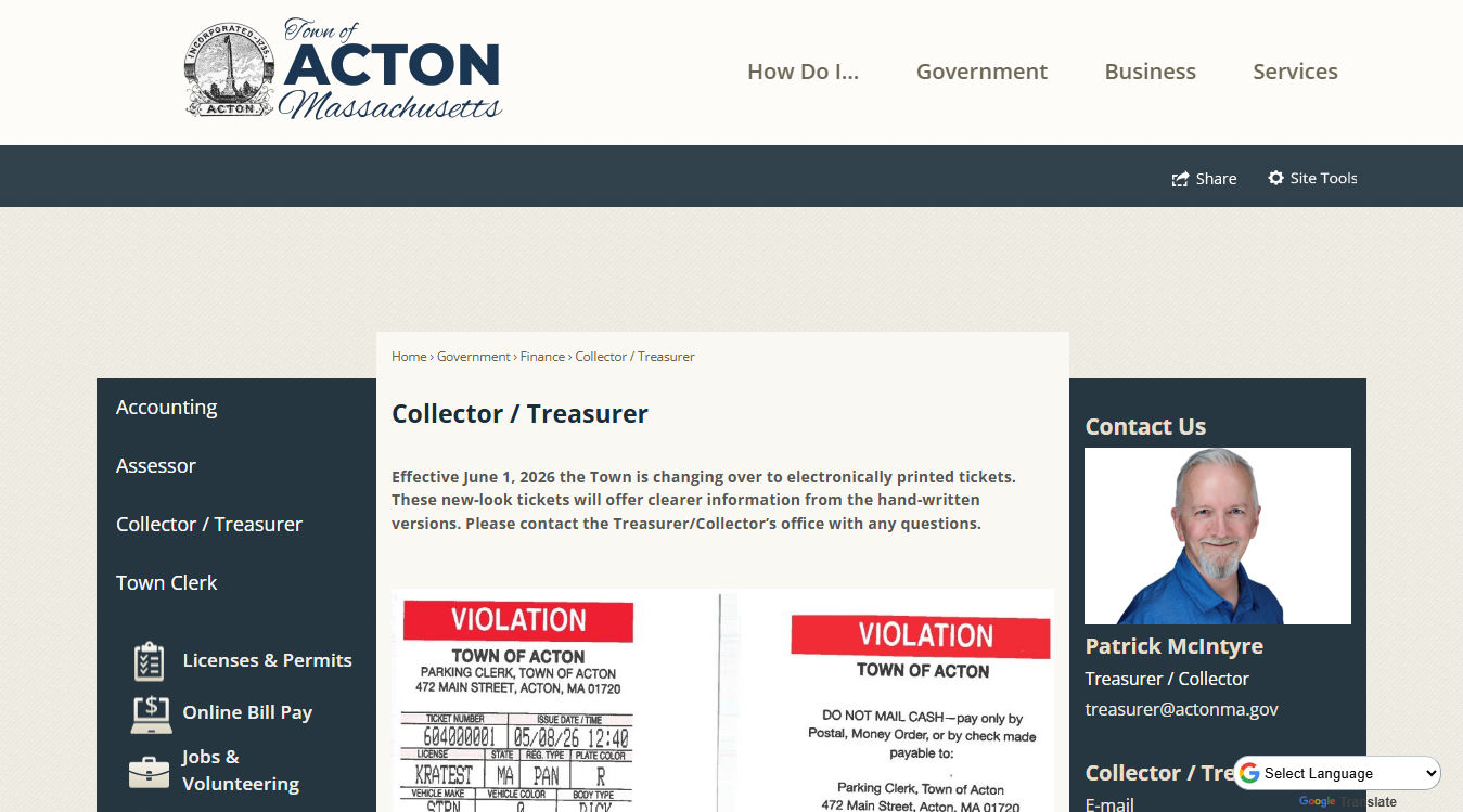Website screenshot for Acton Treasurer