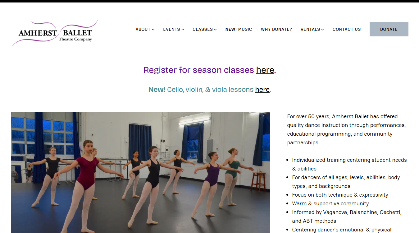 Website screenshot for Amherst Ballet Theatre Company