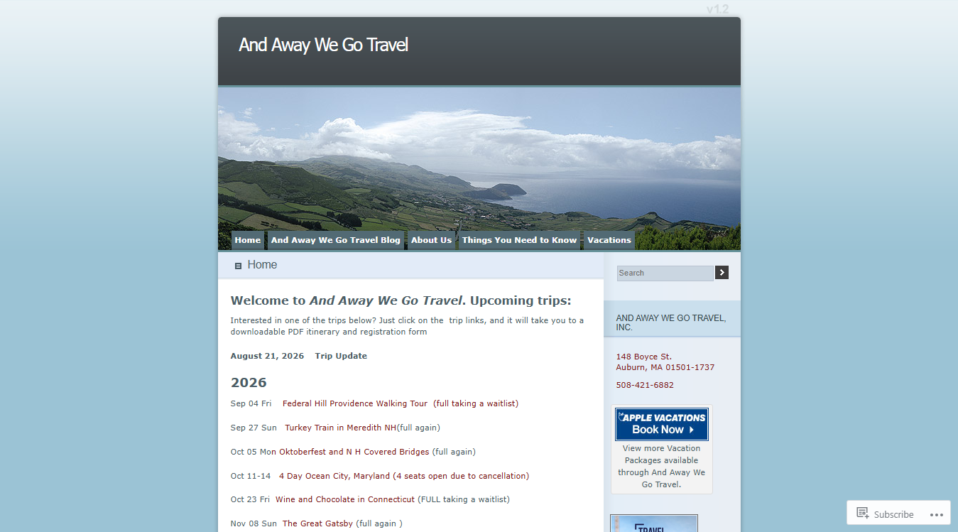 Website screenshot for And Away We Go Travel Inc