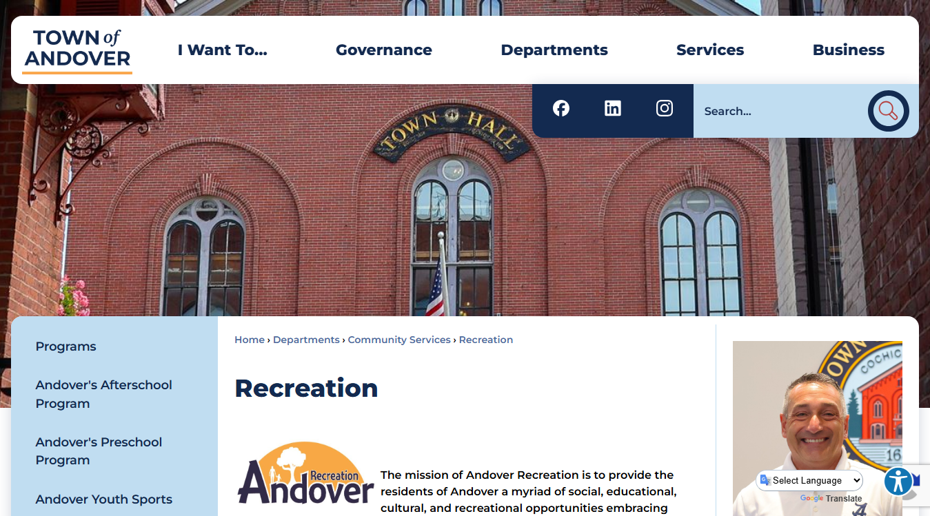 Website screenshot for Andover Recreation Services