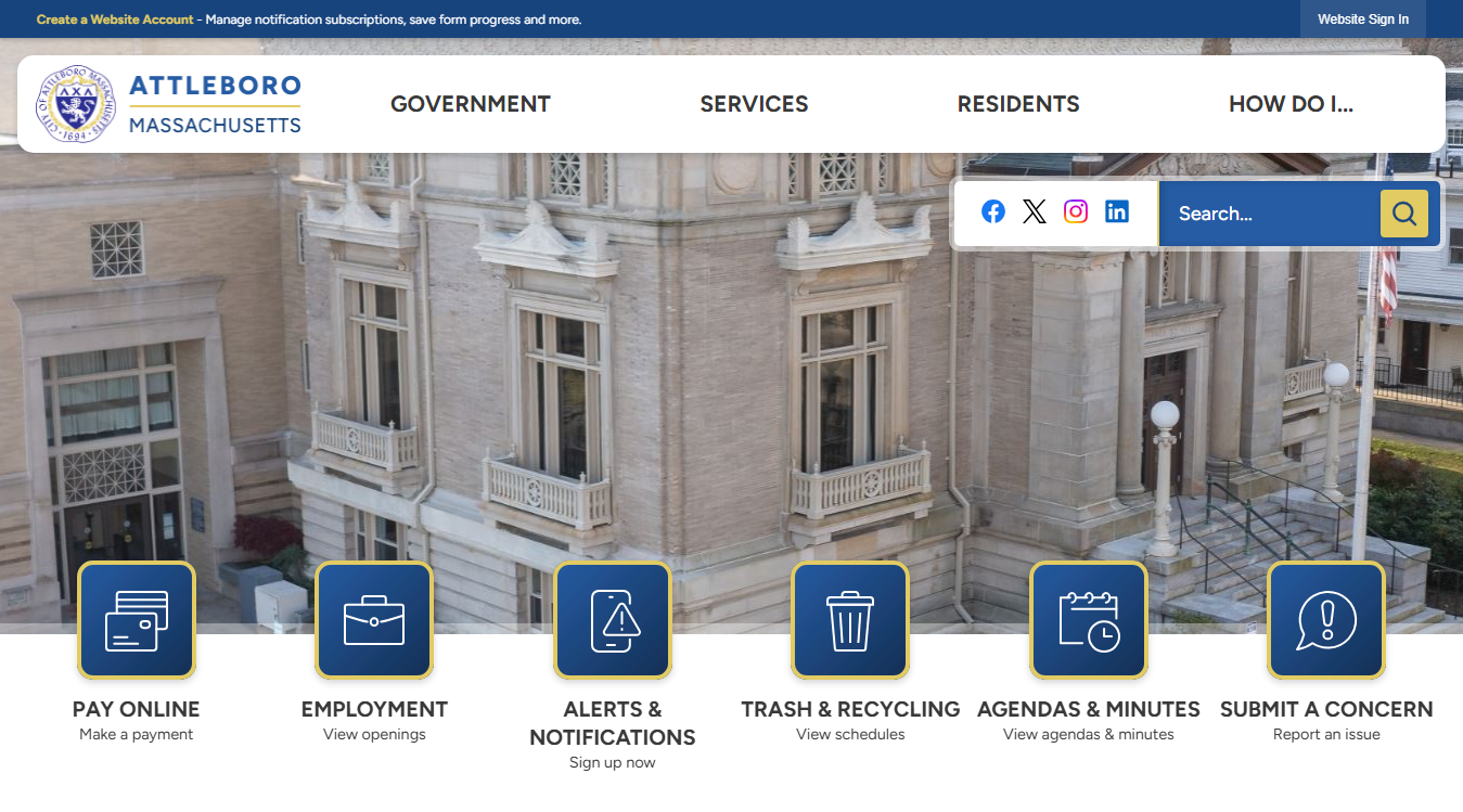 Website screenshot for Attleboro City Hall