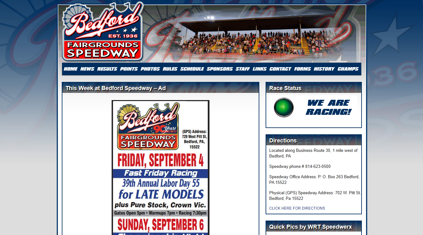Website screenshot for Bedford Fairgrounds Speedway