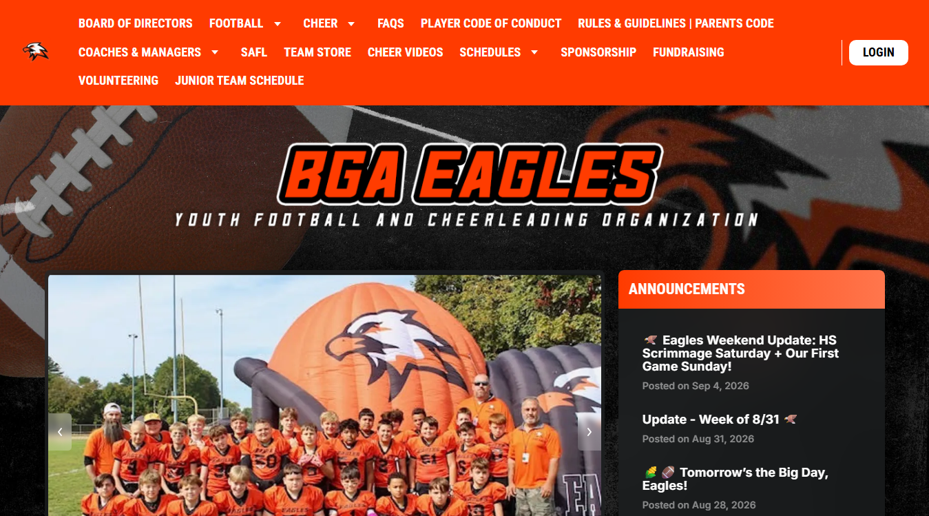 Website screenshot for Belchertown Football and Cheer