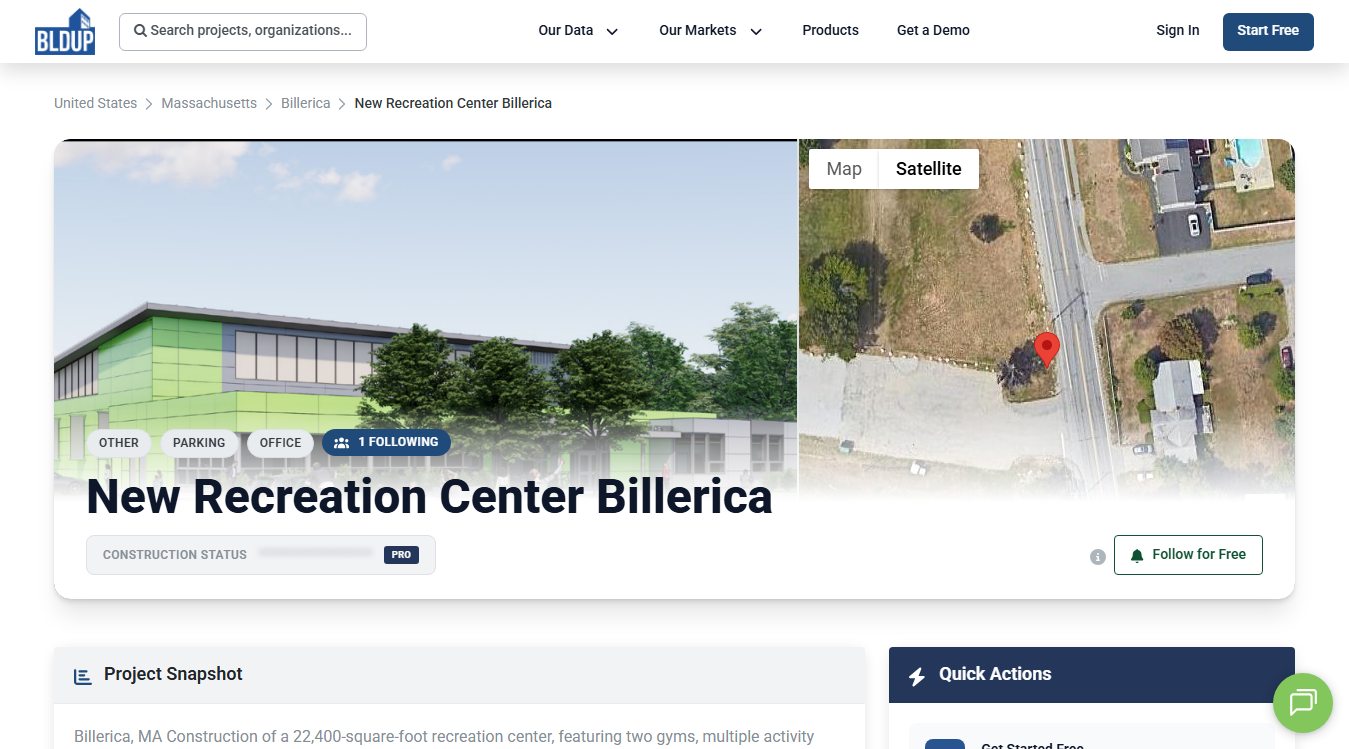 Website screenshot for Billerica Recreation Center