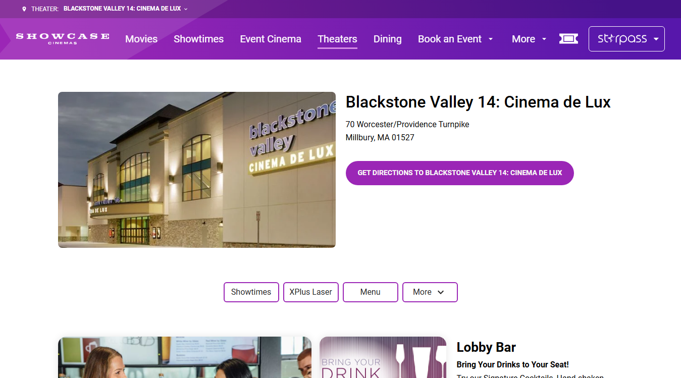 Website screenshot for Blackstone Valley 14 Cinema de Lux
