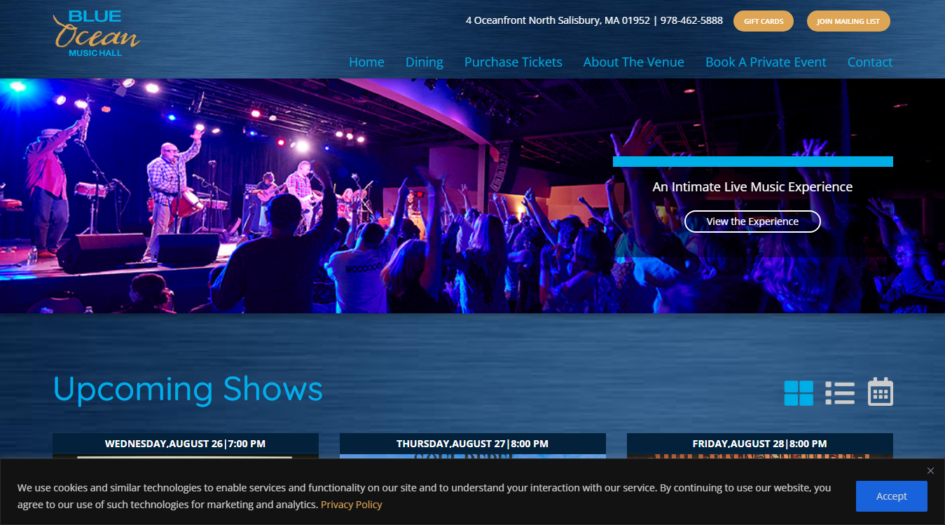 Website screenshot for Blue Ocean Music Hall