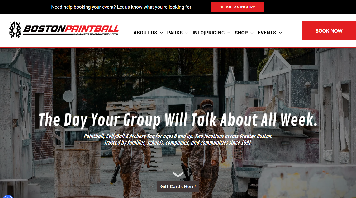 Website screenshot for Boston Paintball Ashland Playing Field & ProShop