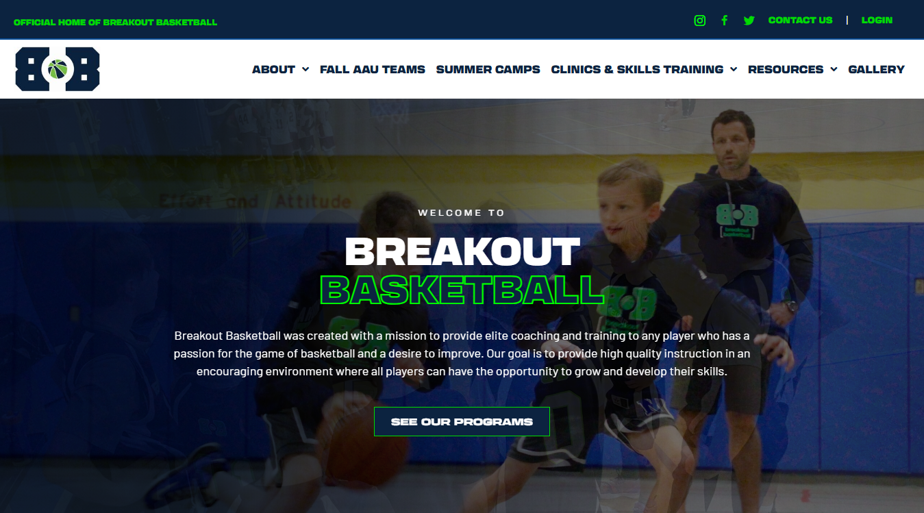 Website screenshot for Breakout Basketball