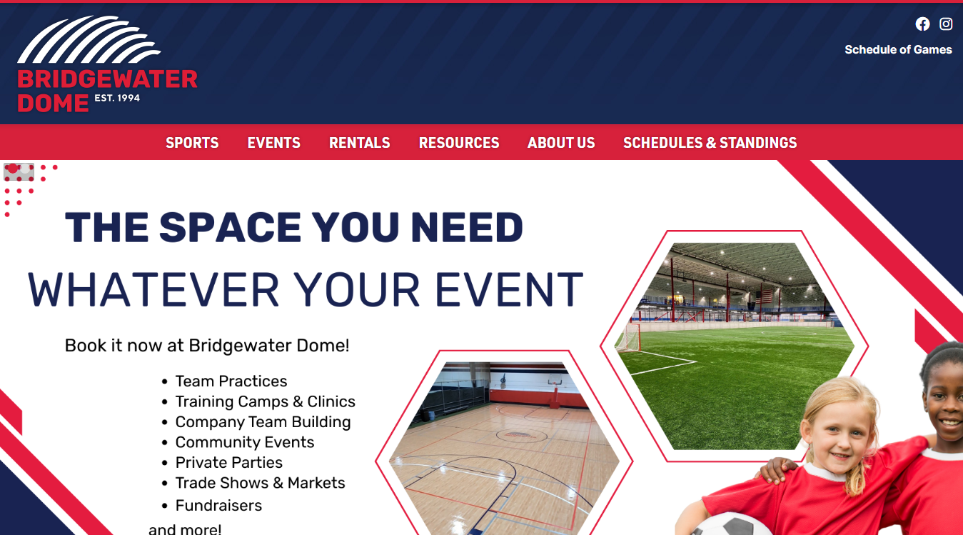 Website screenshot for Bridgewater Sports Complex Inc.