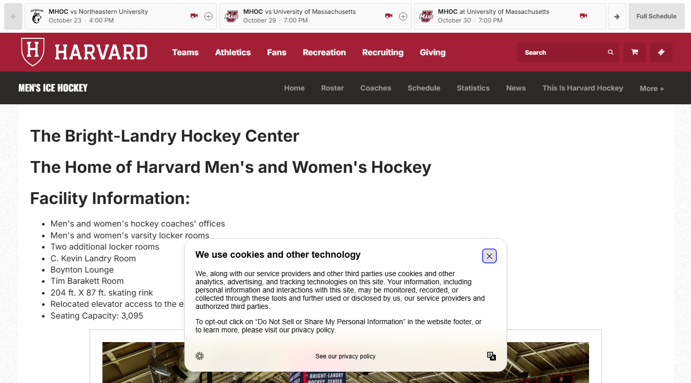 Website screenshot for Bright-Landry Hockey Center