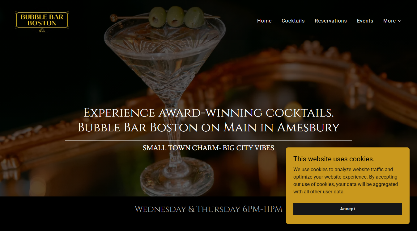 Website screenshot for Bubble Bar Boston on Main