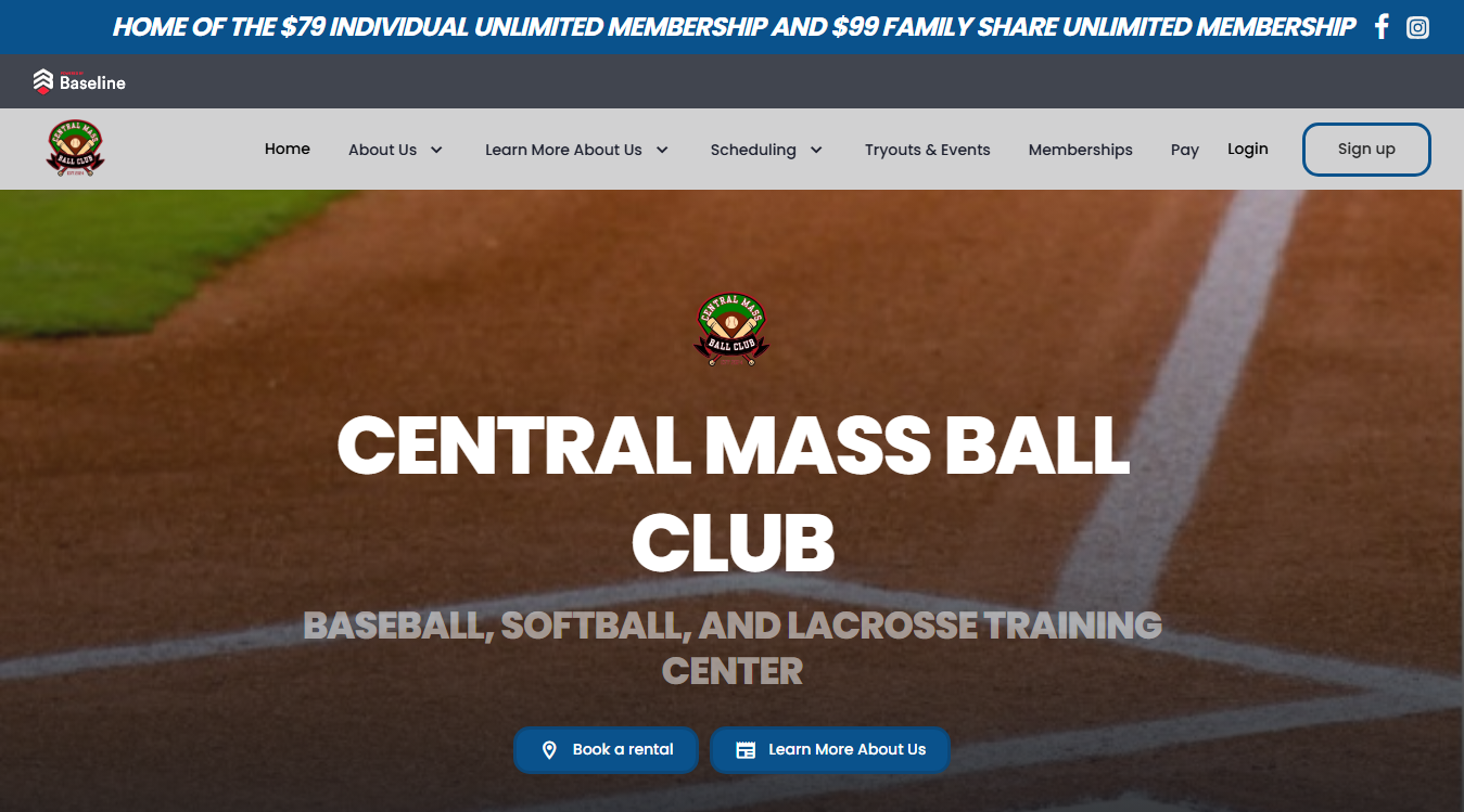 Website screenshot for Central Mass Ball Club
