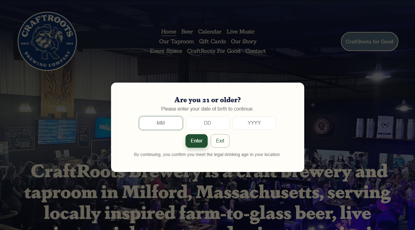 Website screenshot for CraftRoots Brewing