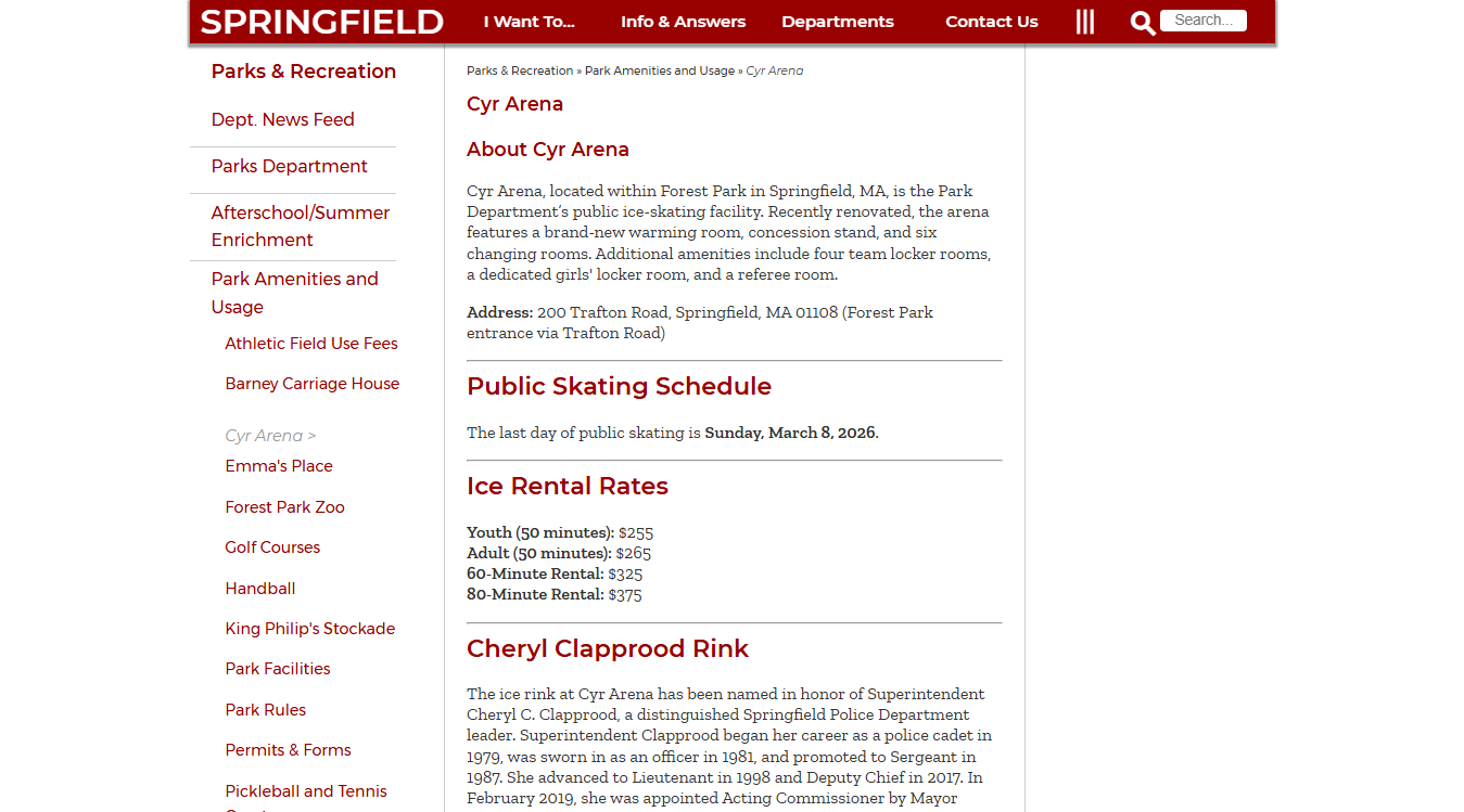 Website screenshot for Cyr Arena Skating Rink
