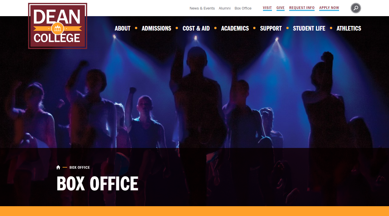 Website screenshot for Dean College Main Stage Theater