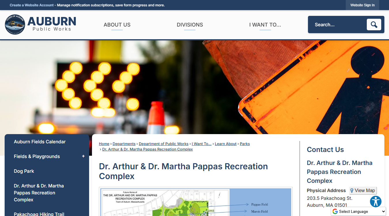 Website screenshot for Dr. Arthur and Dr. Martha Pappas Recreation Complex