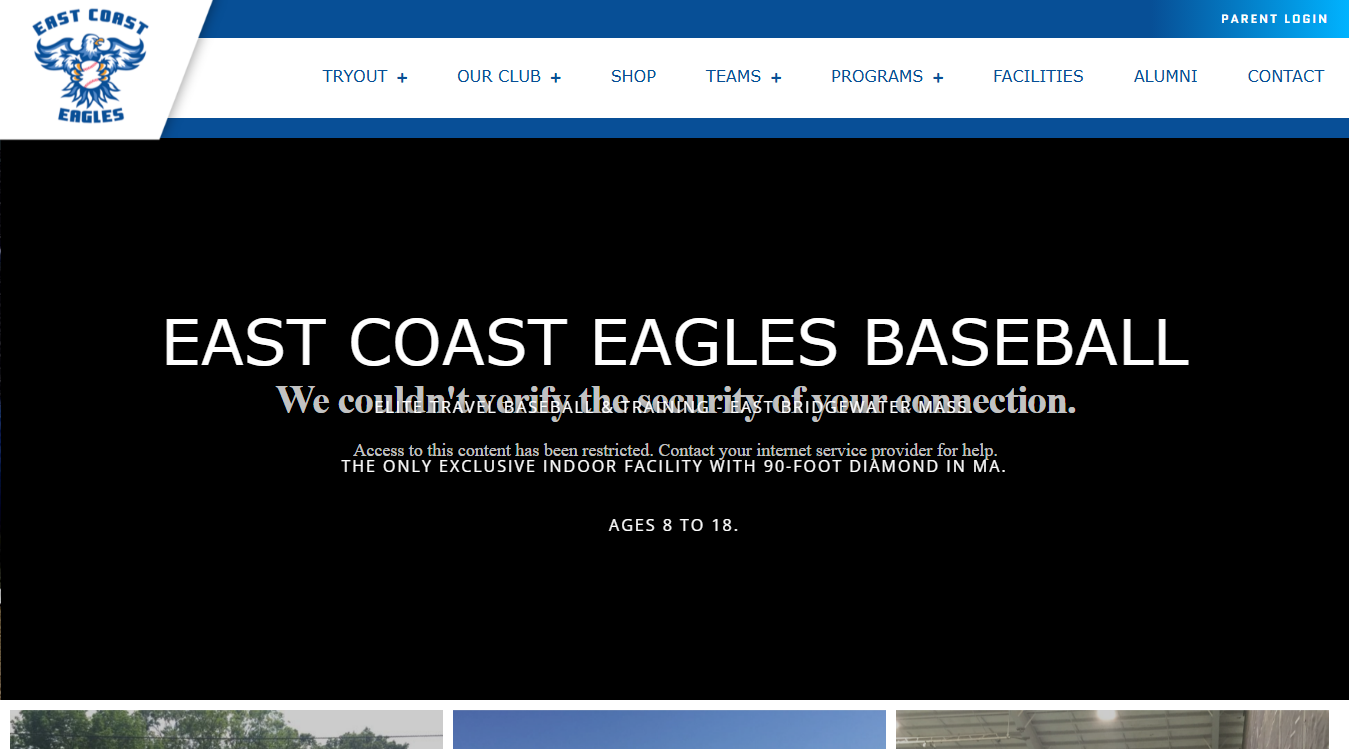 Website screenshot for East Coast Eagles Baseball