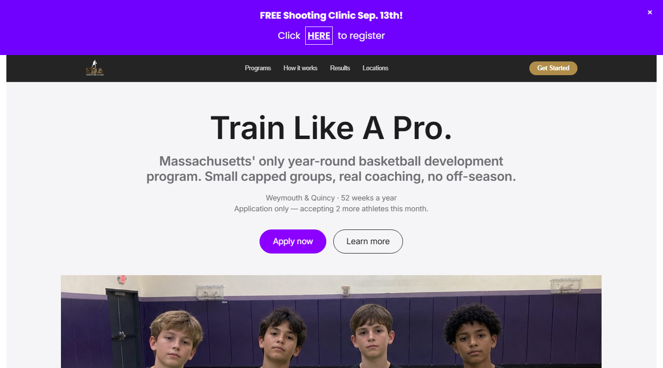 Website screenshot for EBA™ Basketball Training Performance Center (Quincy Location)