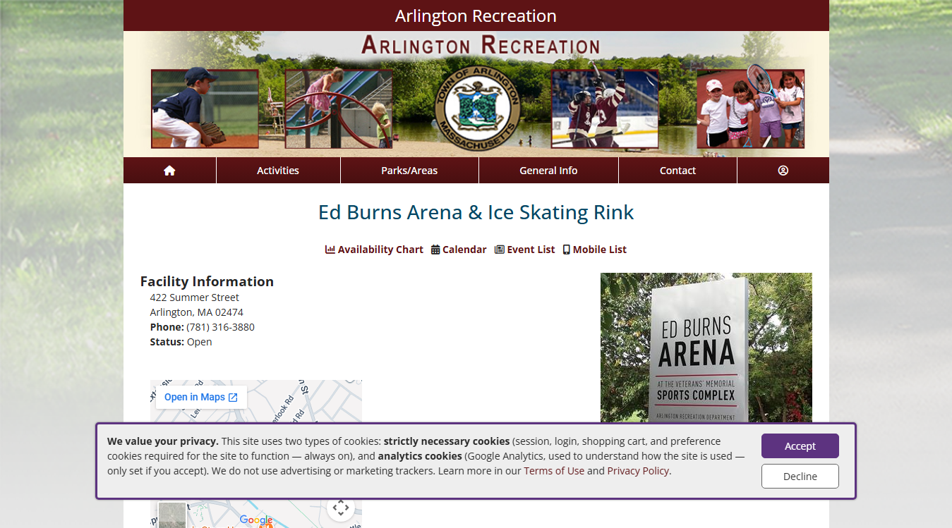 Website screenshot for Ed Burns Arena & Ice Skating Rink