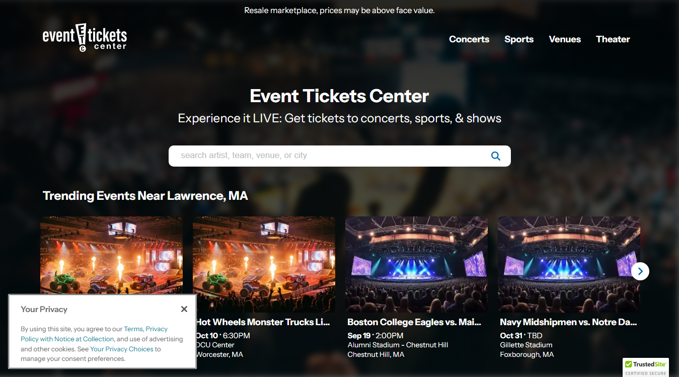 Website screenshot for Event Tickets Center