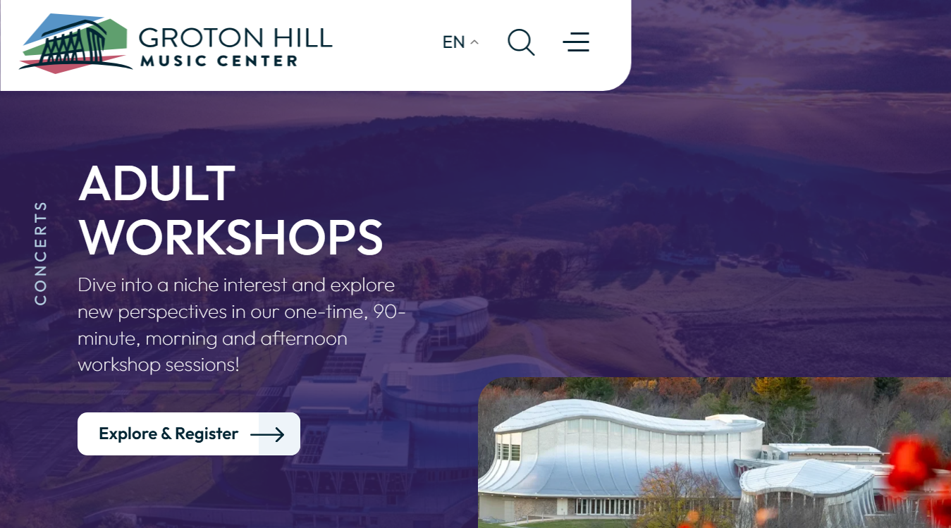 Website screenshot for Groton Hill Music Center