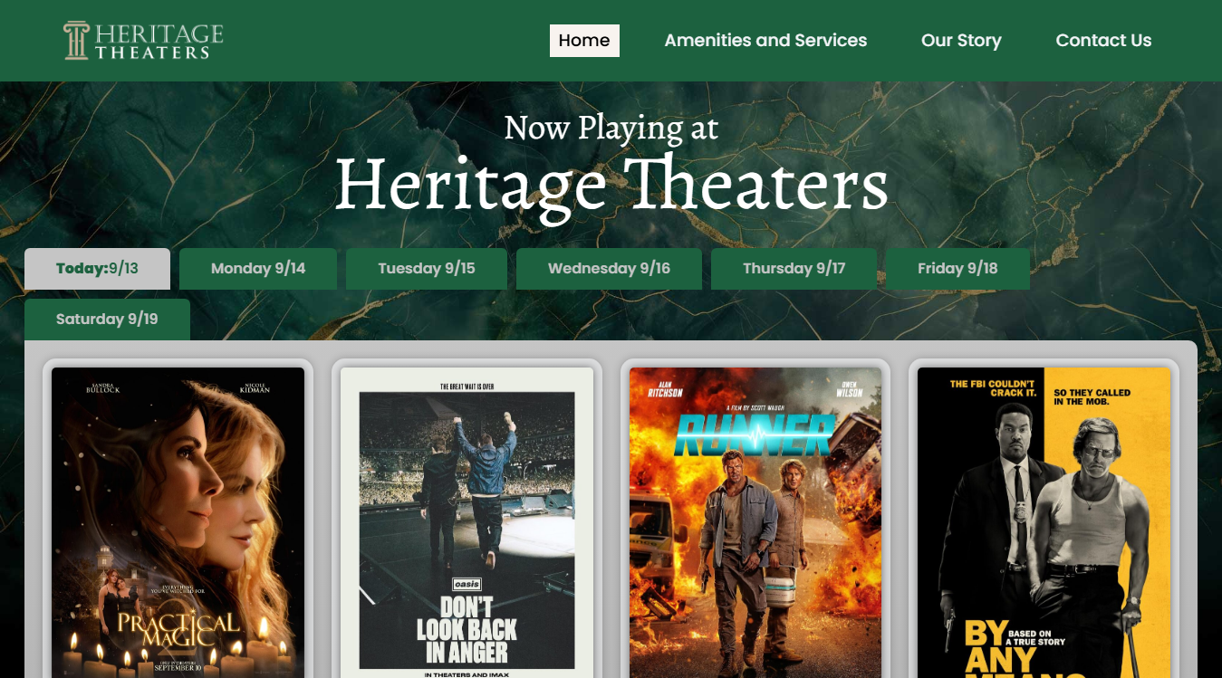 Website screenshot for Heritage Theaters