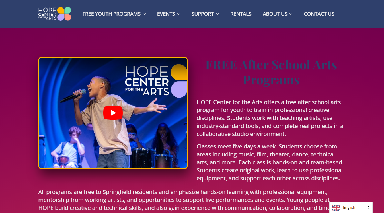 Website screenshot for HOPE Center for the Arts