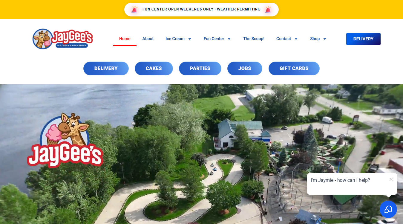 Website screenshot for Jay Gee's Ice Cream and Fun Center