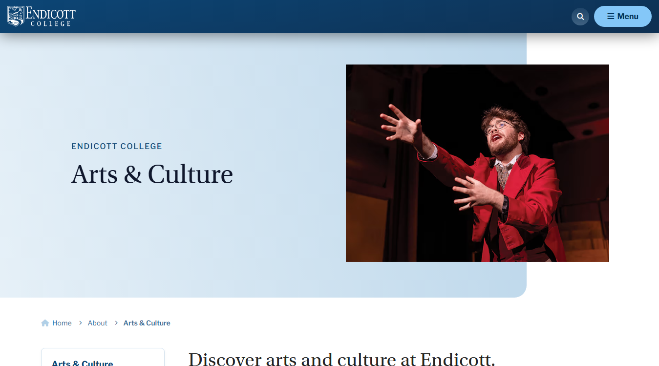 Website screenshot for Manninen Center for the Arts at Endicott College