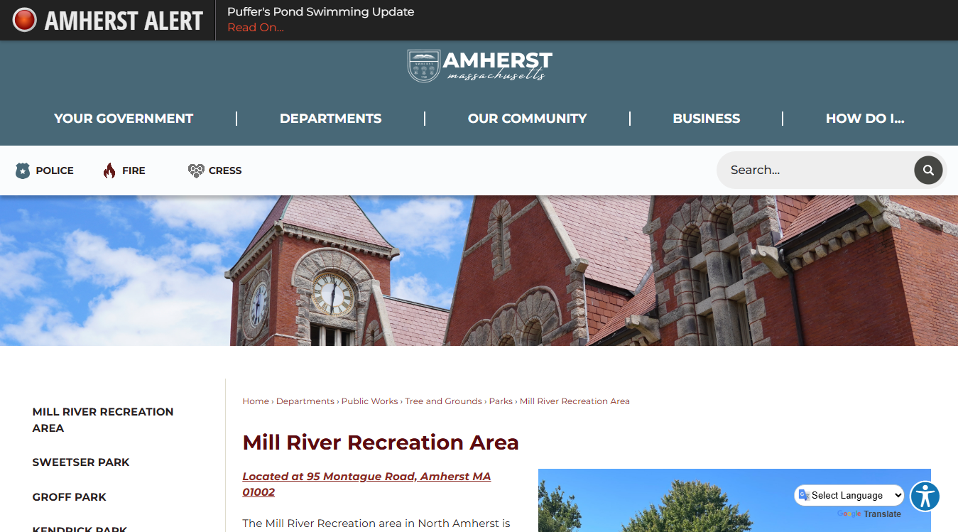 Website screenshot for Mill River Recreation Area