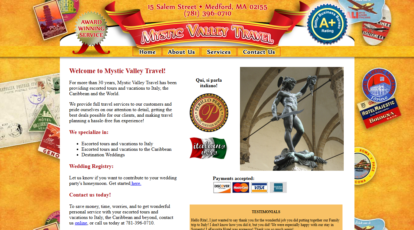 Website screenshot for Mystic Valley Travel