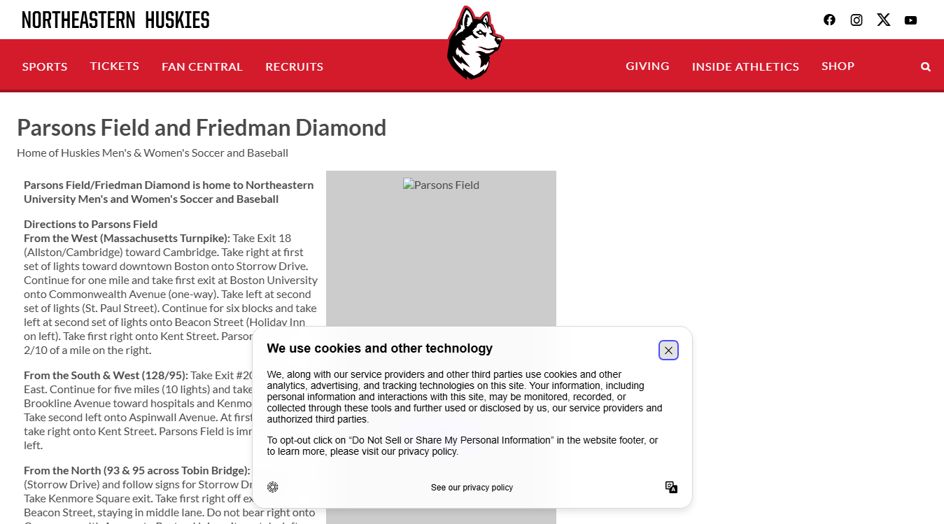 Website screenshot for Parsons Field