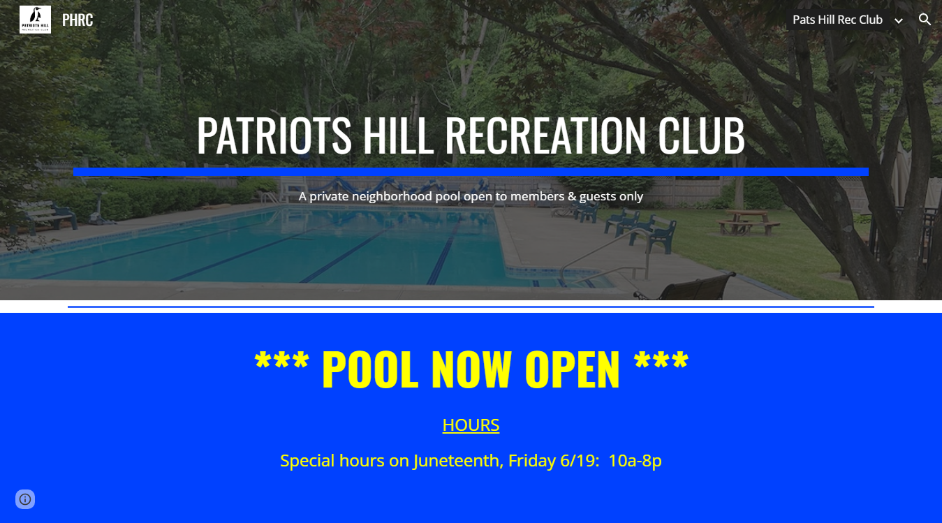 Website screenshot for Patriots Hill Recreation Club