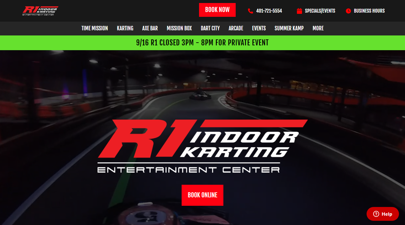 Website screenshot for R1 Indoor Karting | Time Mission, Dart City, Mission Box & Axe Bar
