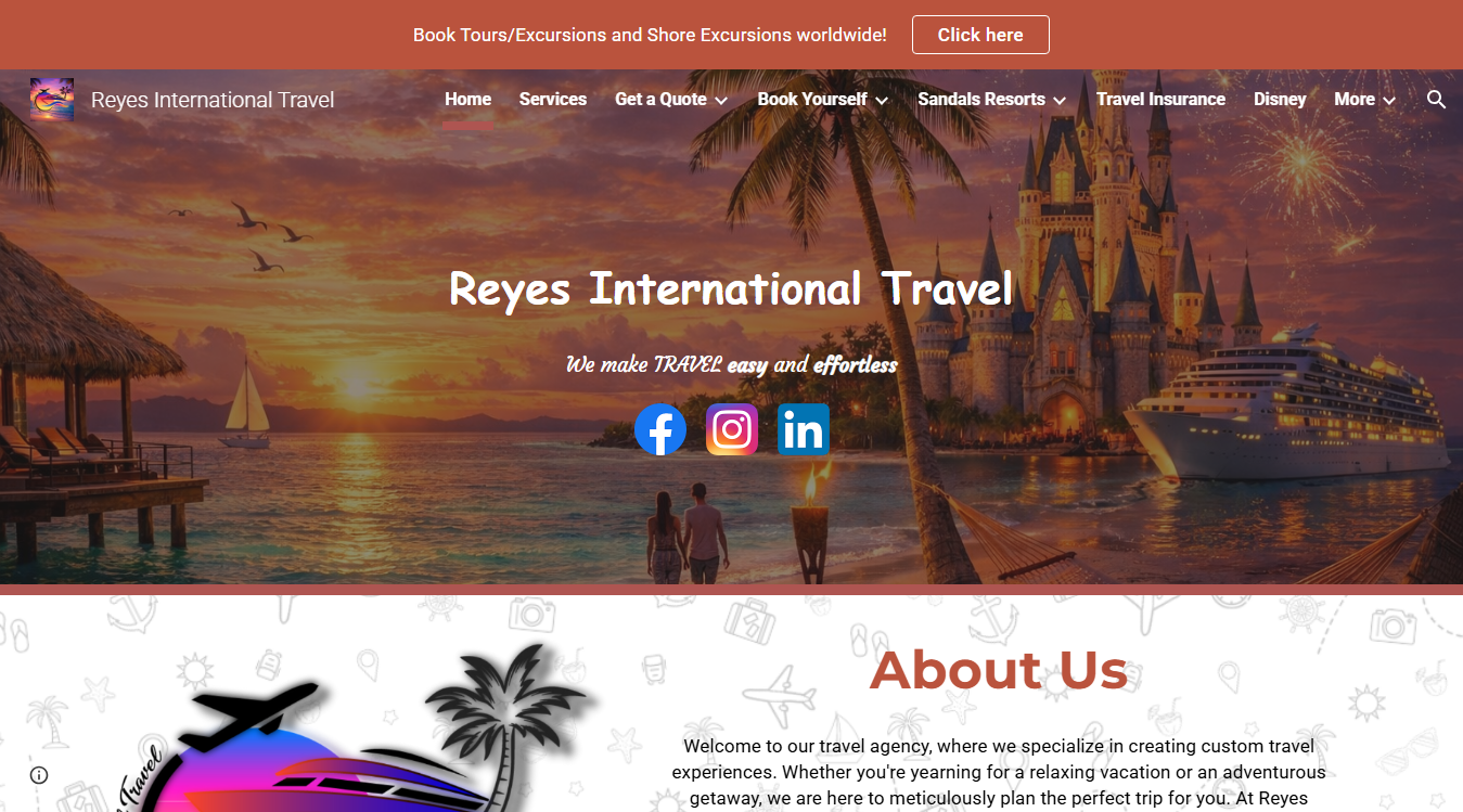 Website screenshot for Reyes International Travel