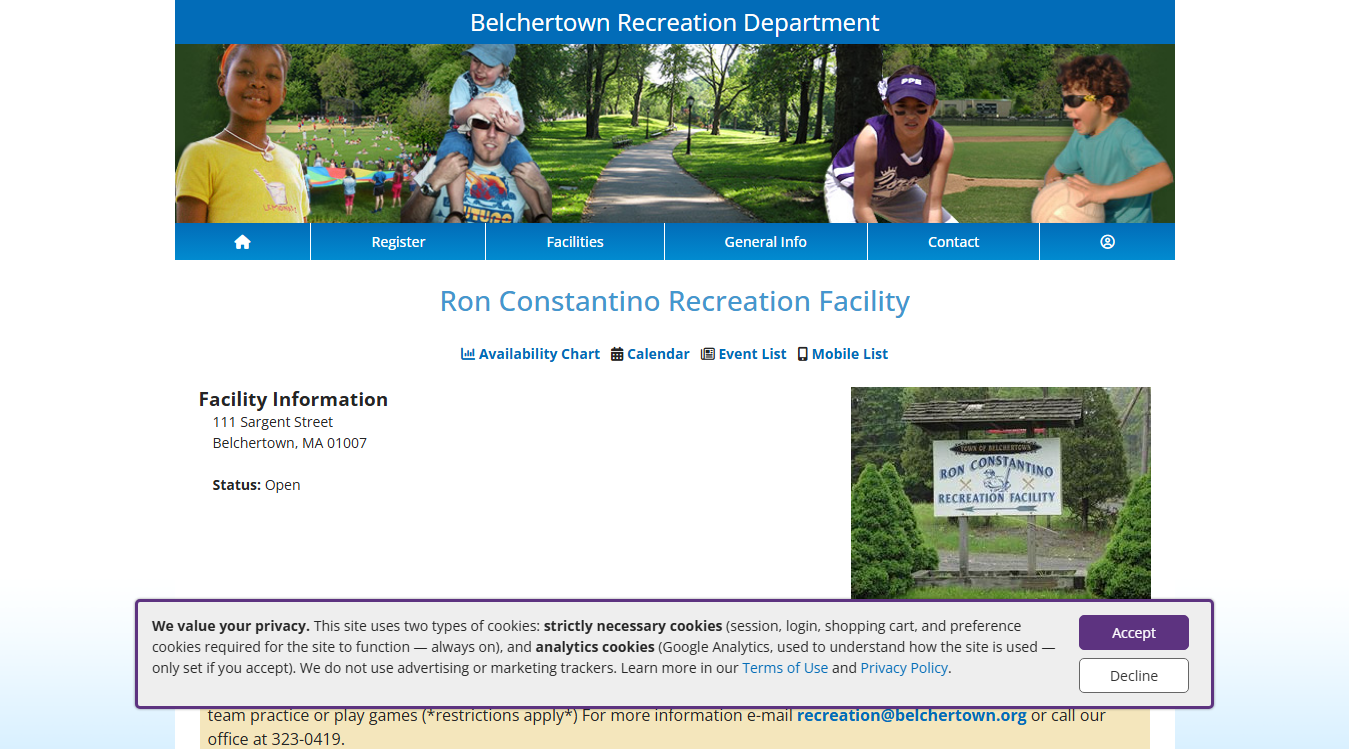 Website screenshot for Ron Constantino Recreation Facility