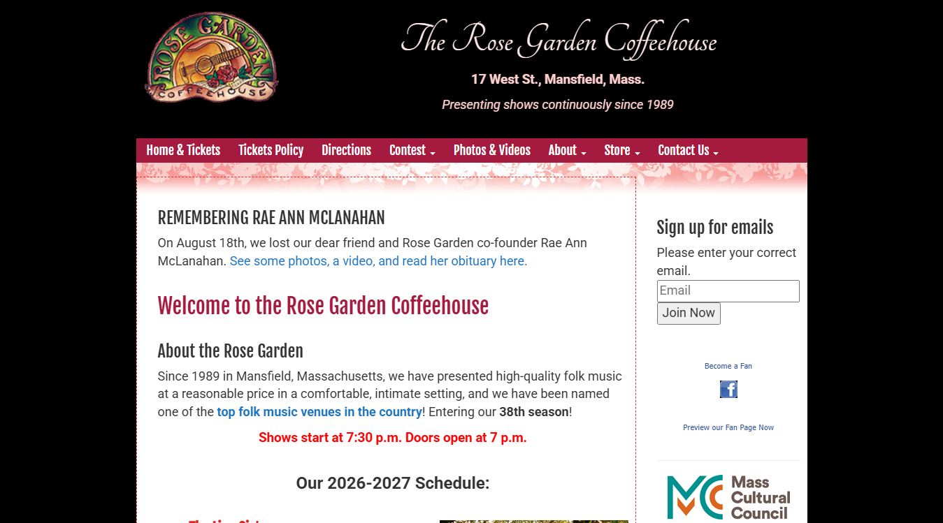 Website screenshot for Rose Garden Coffeehouse