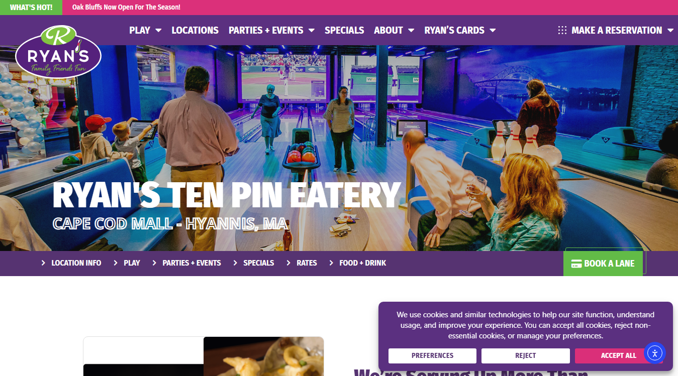 Website screenshot for Ryan's Ten Pin Eatery & Arcade