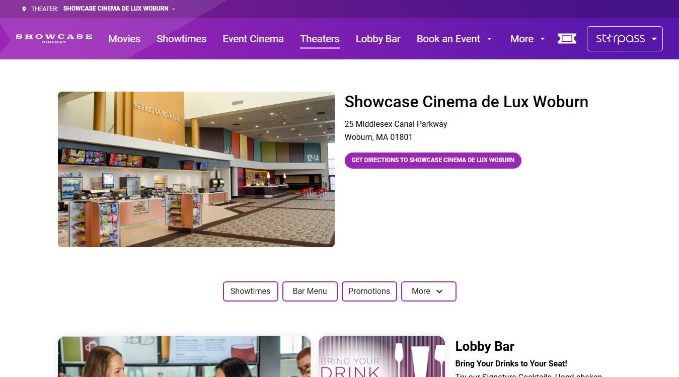 Website screenshot for Showcase Cinema de Lux Woburn