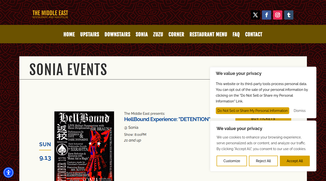 Website screenshot for Sonia Live Music Venue
