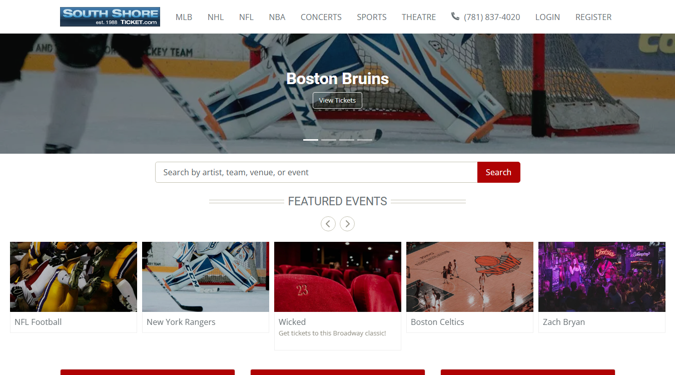 Website screenshot for South Shore Ticket Agency