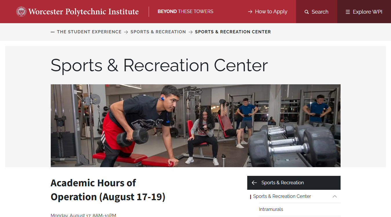 Website screenshot for Sports & Recreation Center
