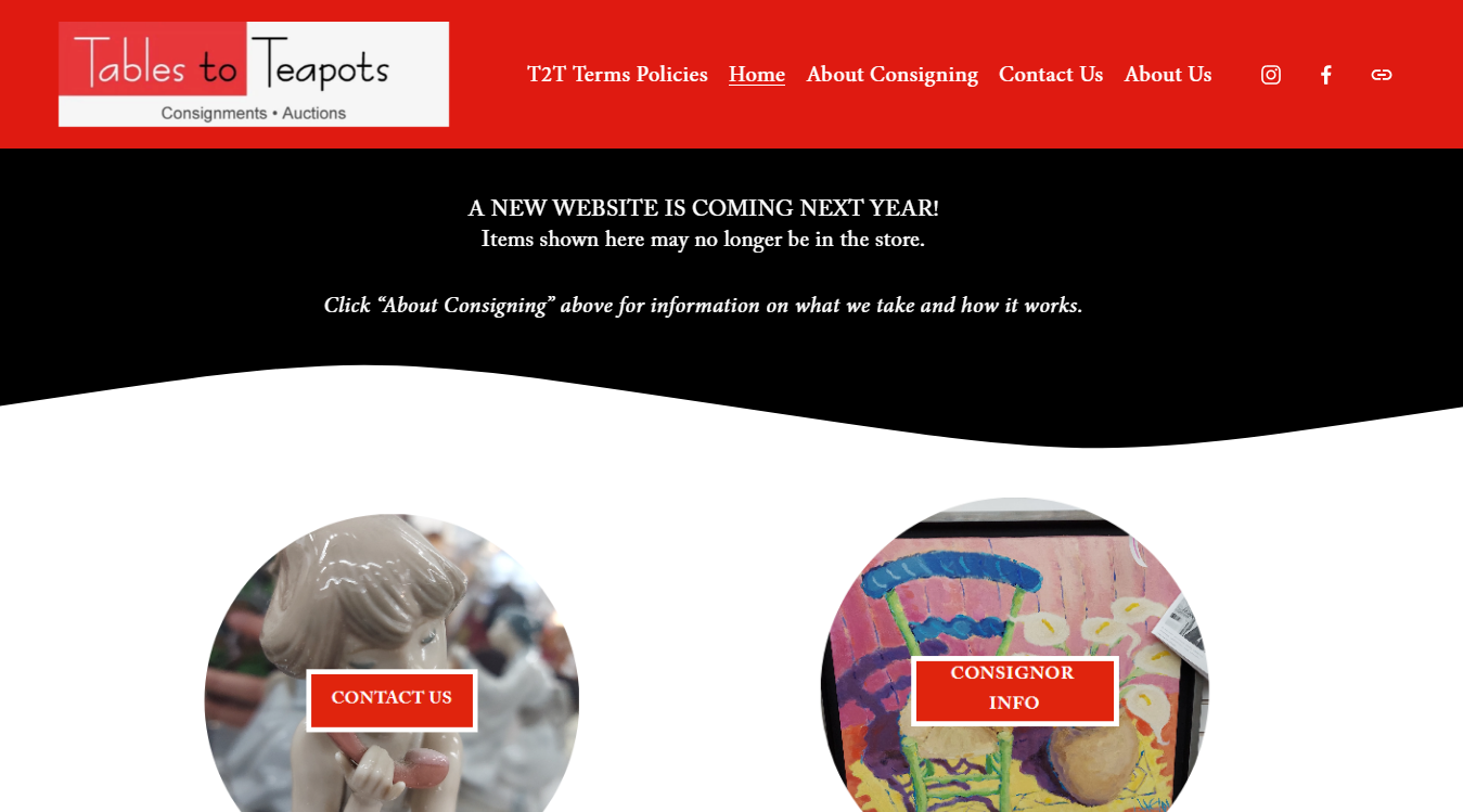 Website screenshot for Tables To Teapots