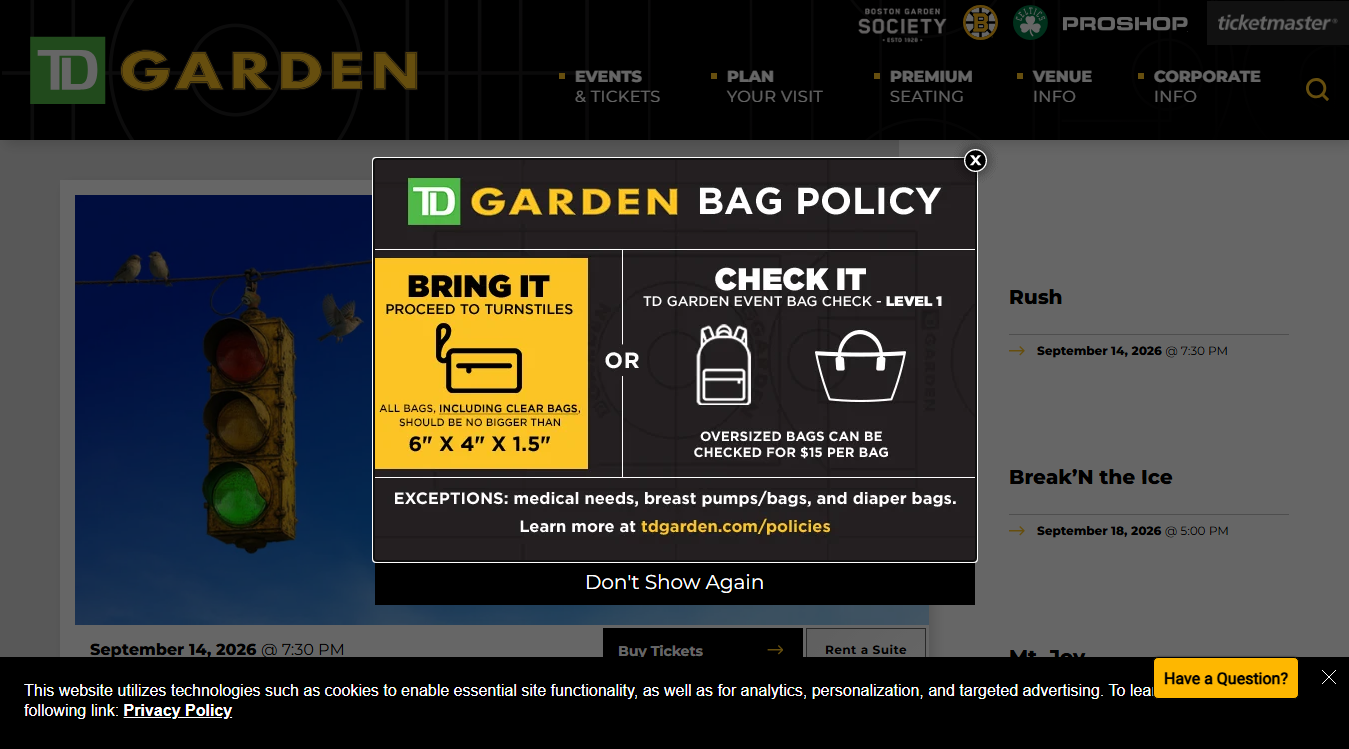Website screenshot for TD Garden