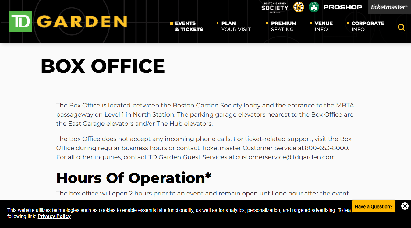 Website screenshot for TD Garden Box Office