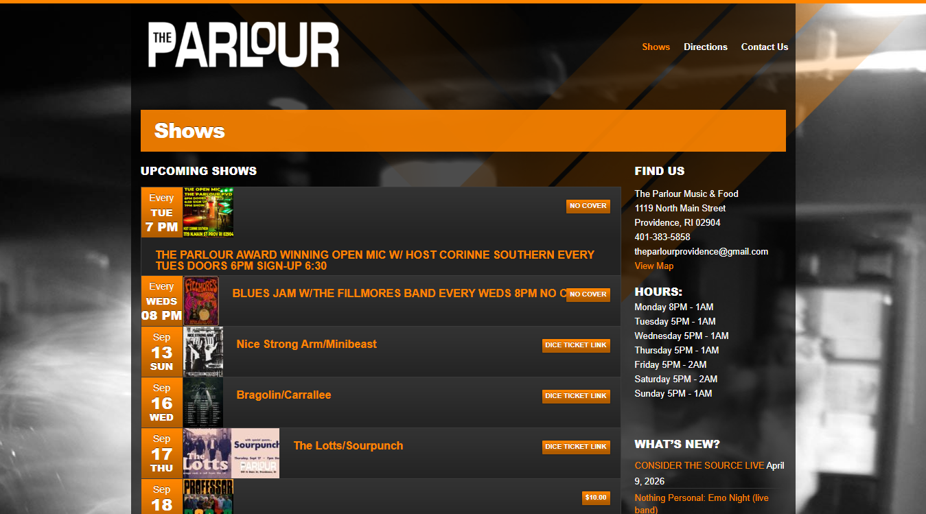 Website screenshot for The Parlour Providence