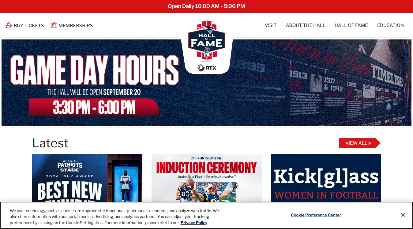 Website screenshot for The Patriots Hall of Fame