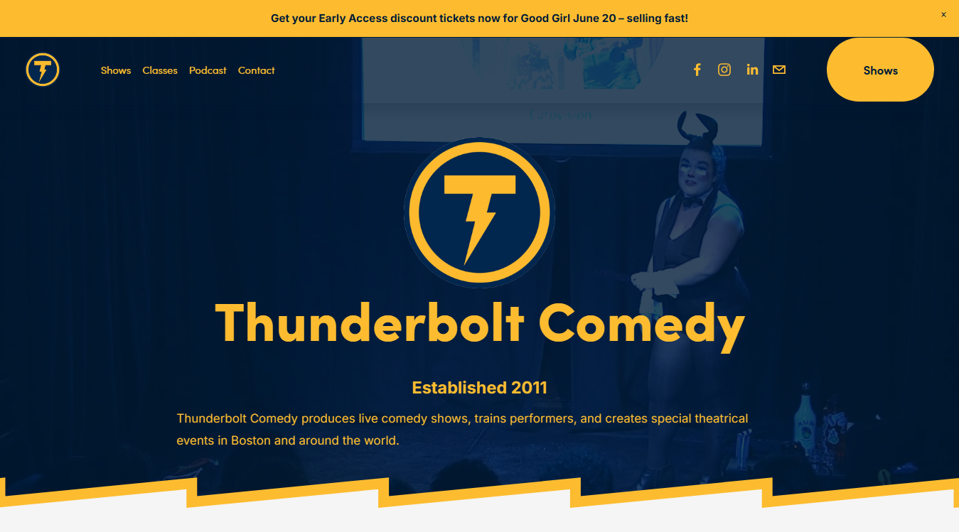Website screenshot for Thunderbolt Comedy