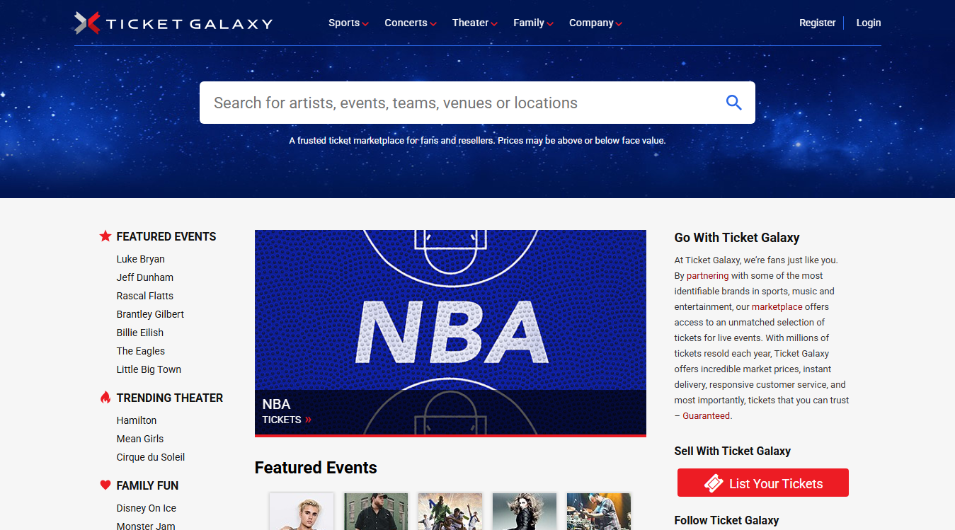 Website screenshot for Ticket Galaxy